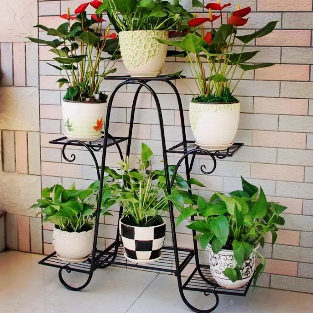 6 Tiers Plant Stand for Indoor and Outdoor Black Metal Flower Pot Shelf Multi-Tiered Plant Pot Holding Display Rack