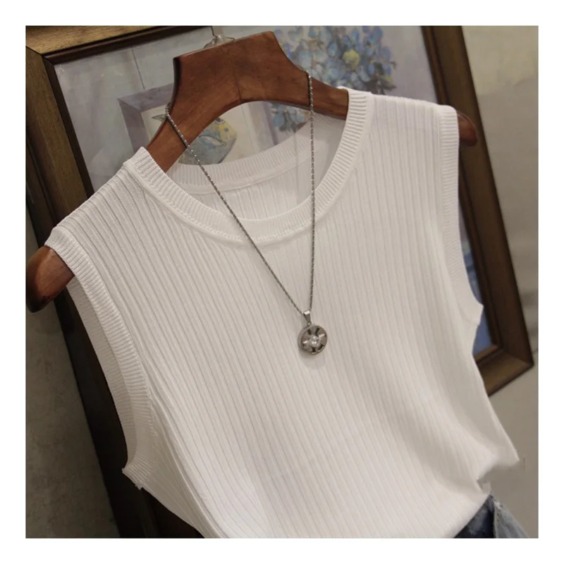 Knitted Vests Women Top O-neck Solid Tank Fashion Female Sleeveless Casual Thin Tops 2021 Summer Knit Woman Shirt Gilet Femme