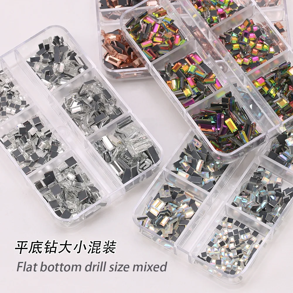 600/1000/1728PCS Glitter Flatback Round Diamonds Mirror Square Rectangle Jewelry Acrylic Nail Art Rhinestones Manicure Charms