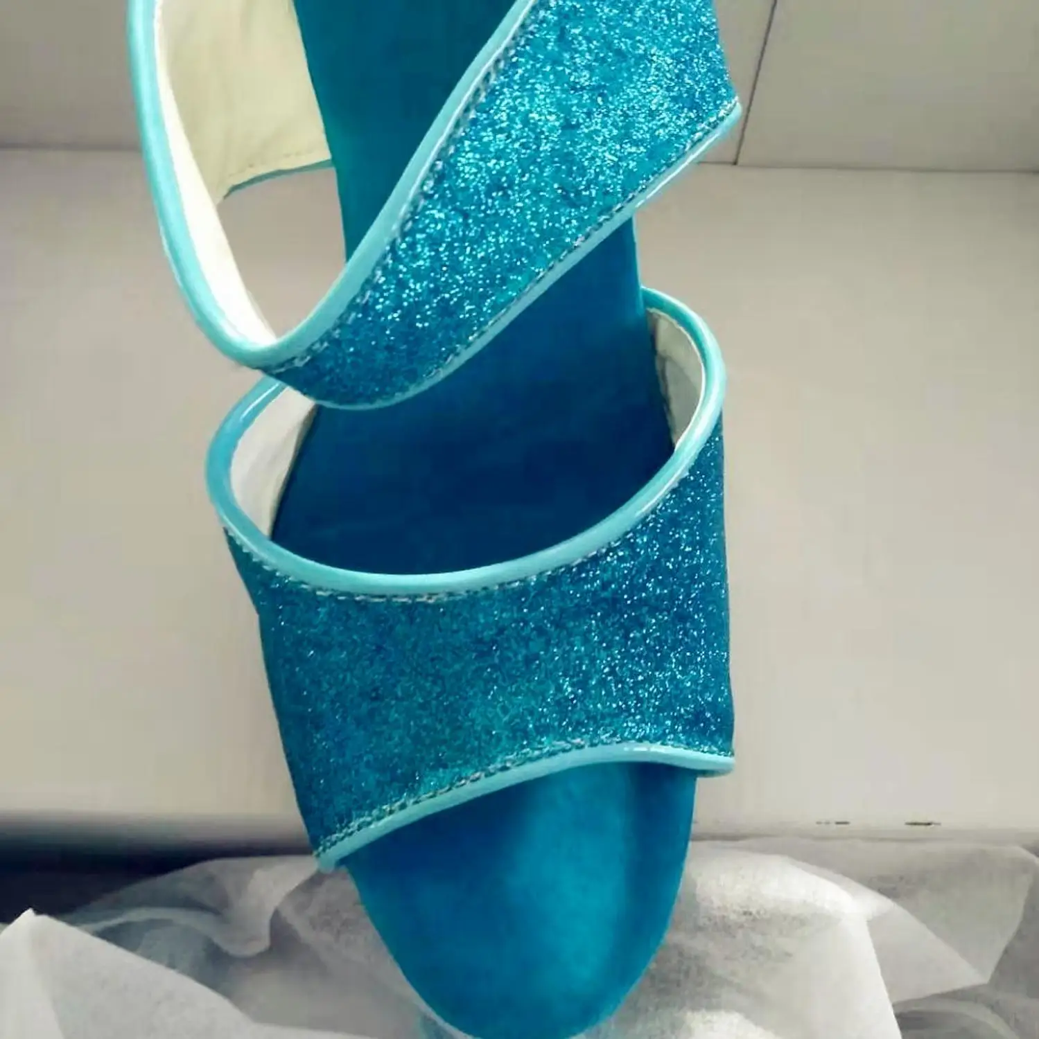 13cm high heels, sexy blue sequined sandals for model night clubs, transparent stage slippers for parties