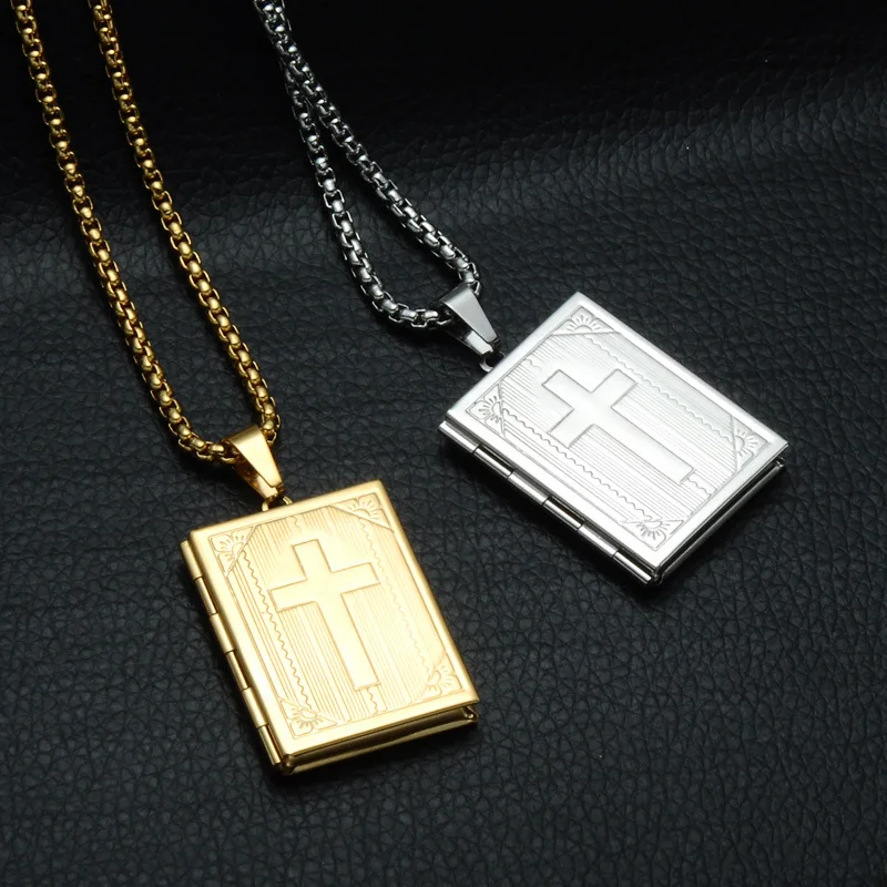 REN011 Titanium Steel Book Necklace Openable Photo Box Pendant Necklace Stainless Steel Cross Frame Necklace religious jewelry