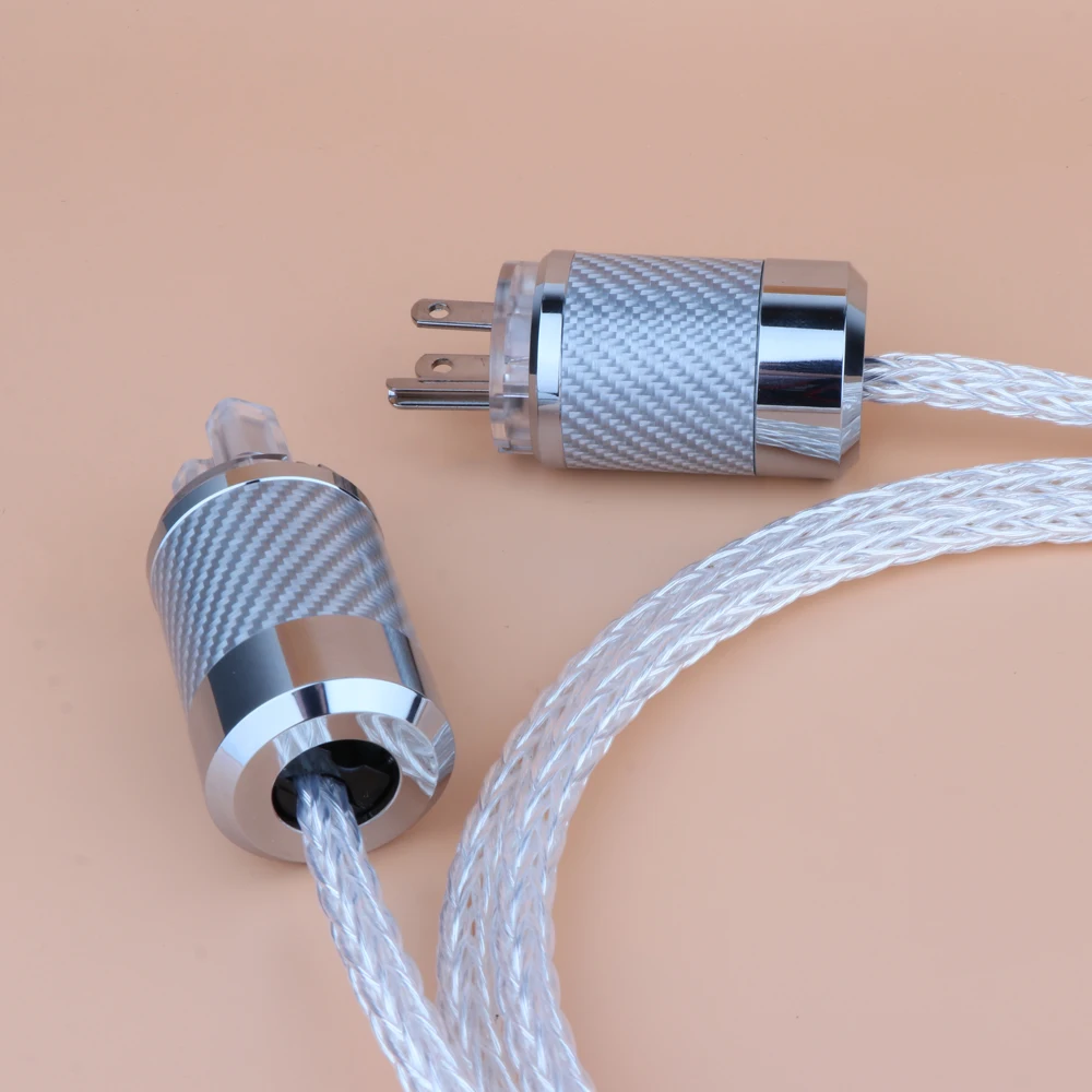 HI-End 8AG Silver Plated OCC Power Cord 16 Strands US AC Power Cable with Copper Rhodium Plated Carbon Fiber AC Plug Connector