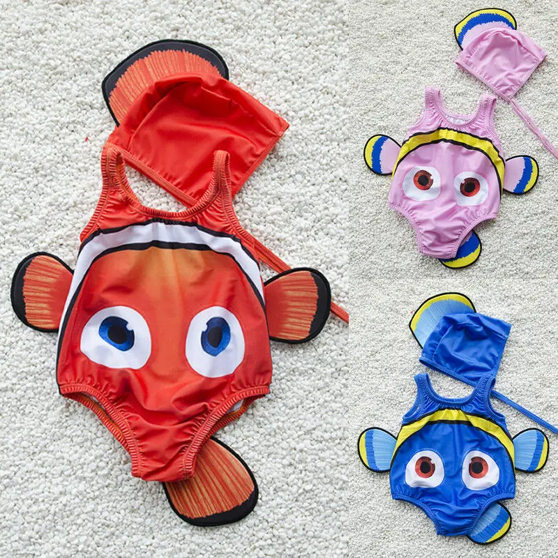 Baby Girl Swimsuit 2Pcs Goldfish Swimwear Boys Swimmable Kids Beach Bikini Girls Print Sweet Costume+Swimming Hat Bathing Suit