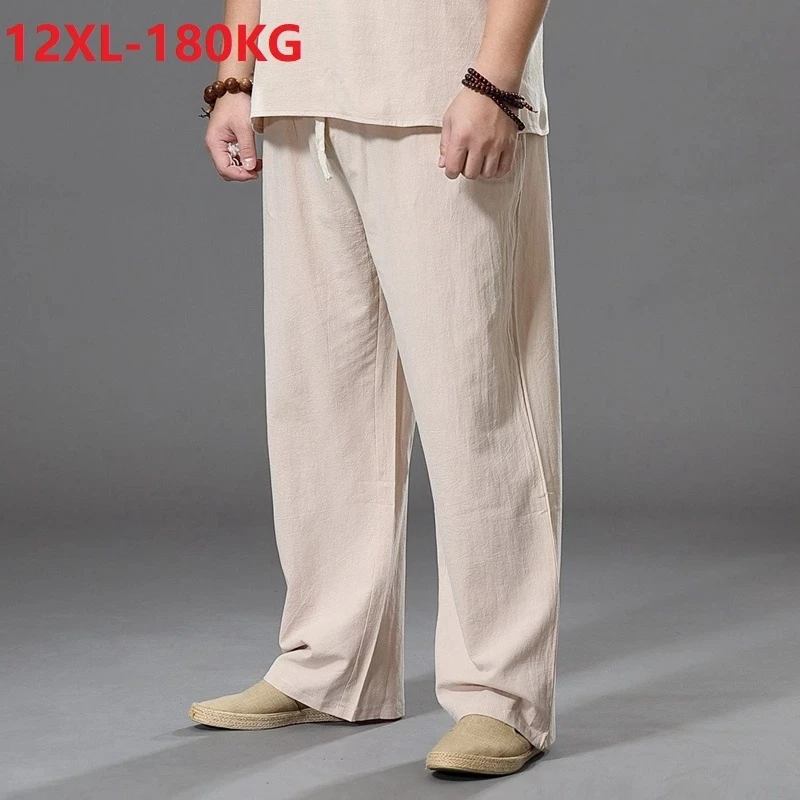 spring summer men sleep bottoms vintage Pants Cotton linen Wide Leg Pants elasticity Trousers Plus Size 8XL 9XL home Loose Pants