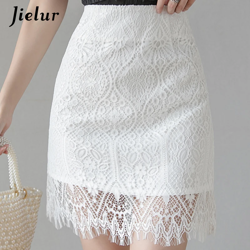 Jielur Lace Women Skirt Solid Color Slim High Waist Saia Faldas New Korean Chic Zipper Mini Skirt Summer Skirts Womens Autumn