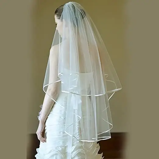 2 Tier Ivory Short Women’s Wedding Veil Fingertip Length Tulle Bridal Veil Ribbon Edge Veil Bachelorette Party Veil Wedding Head