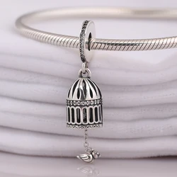 Authentic S925 Silver Bead Free As A Bird With Crystal Pendant Charm for Women Bracelet Bangle DIY Jewelry