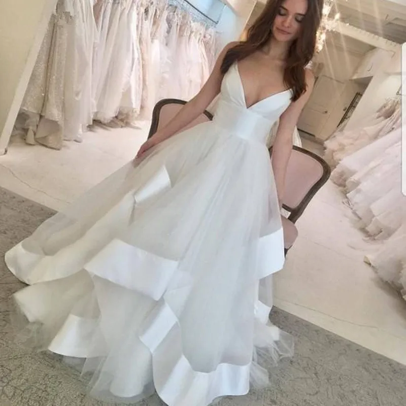 2020 Tulle Satin Trouwjurken Diepe V-hals Backless Hof Trein Bruid Jurken Bruidsjurken Robe De Mariee Vestidos De Novia