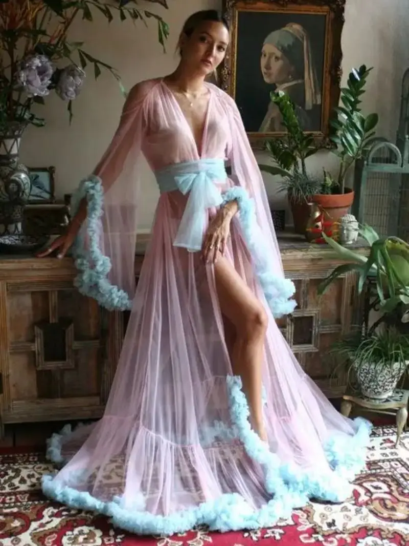 Sexy Women Night Robe Long-sleeves Illusion Custom Made One-piece Tulle Bridal Sleepwear Party Bridal dressing gown