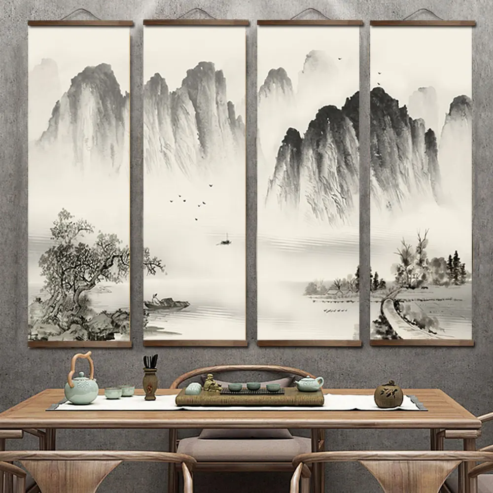 Traditional Chinese Style Ink Painting Alpine Landscape Canvas Decorative Painting Bedroom Living Room Wall Art Posters Unframed