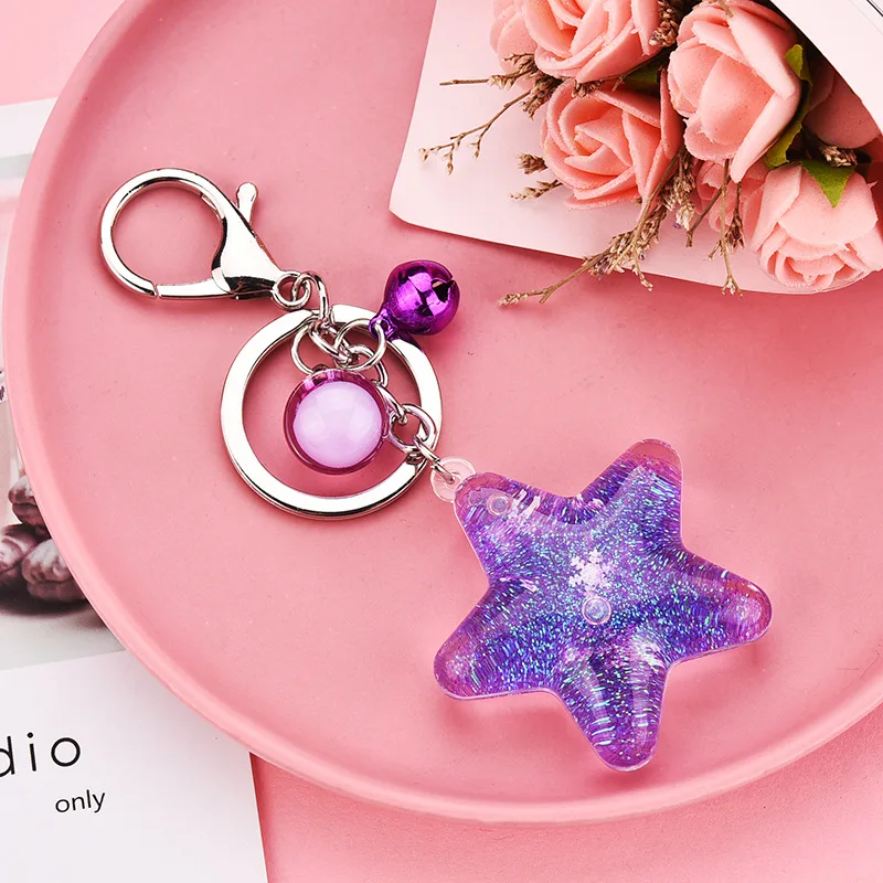 Five-Pointed Star Sequin Acrylic Key Chain Move Glitter Quicksand Liquid Keyring Bag Pendant For Women Men Keychain