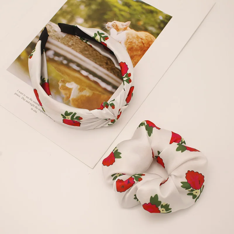 Lystrfac New Vintage Rose Floral Hairband Scrunchie for Women Girls Headband Wide Hair Hoop Set Female Headwear Hair Accessories