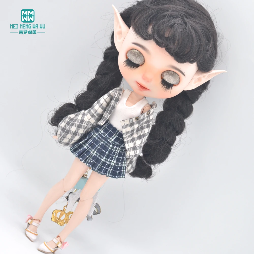 Clothes for doll fits Blyth Azone OB22 OB24 Doll Fashion Woolen Jacket Plaid Top Blue, green, black, gray