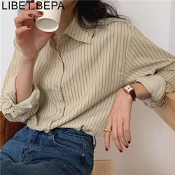 BL9352 New 2023 Spring Autunm Women's Blouses Fashionable Korean Striped Vintage Shirts Oversized Corduroy Elegant Lady Tops