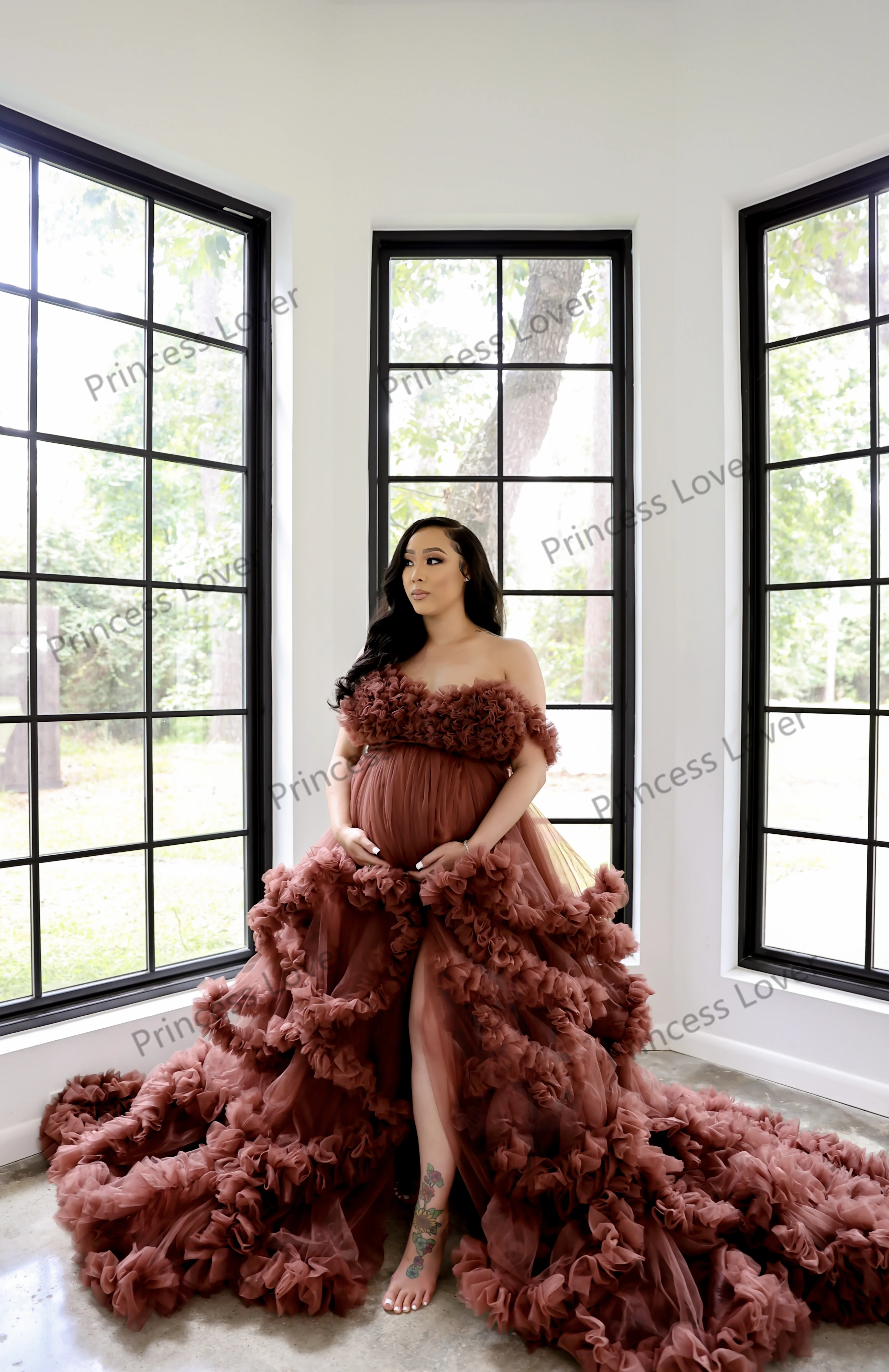 Vestido de maternidad de tul con volantes para mujeres embarazadas, vestidos de graduación para Baby Shower, batas de sesión de fotos con abertura