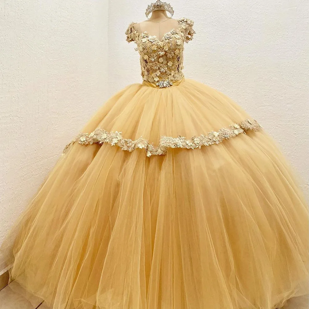 Sevintage Baljurk Quinceanera Jurken 15 Party Formele Crystal 3D Bloemen Kralen Kant Applique Prinses Verjaardag Toga