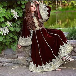 Traditional Burgundy Velvet Muslim Prom Dresses Puff Sleeve Gold Lace Kaftan Arabic Evening Dress Beaded Indian Party Customzied