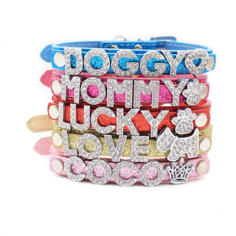 Custom Pet Name Dog Collar Luxury Rhinestone Letter Adjustable Personalized Blingbling Leather Dog Cat Collar Small Medium Dogs