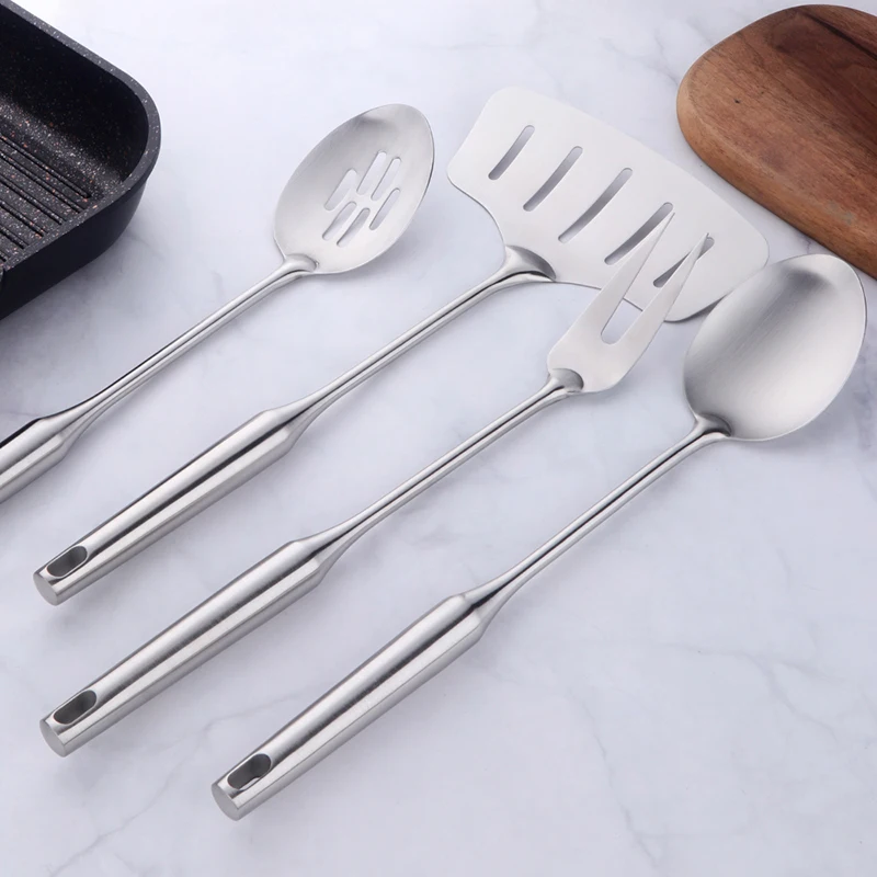 1PC  Kitchen Silver Cooking Set 304 Stainless Steel Spatula Soup Spoon Special Cooking Shovel with Hollow Handle Kitchen Tools