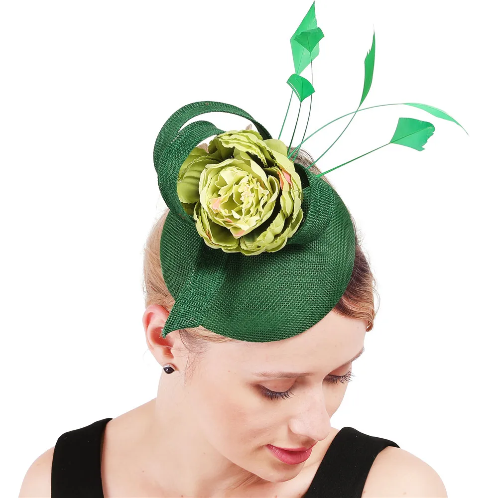 Pinzas para el pelo de plumas con lazo verde para mujer, accesorios para el cabello, sombreros de fiesta de iglesia para mujer, sombreros elegantes para mujer, XMF352