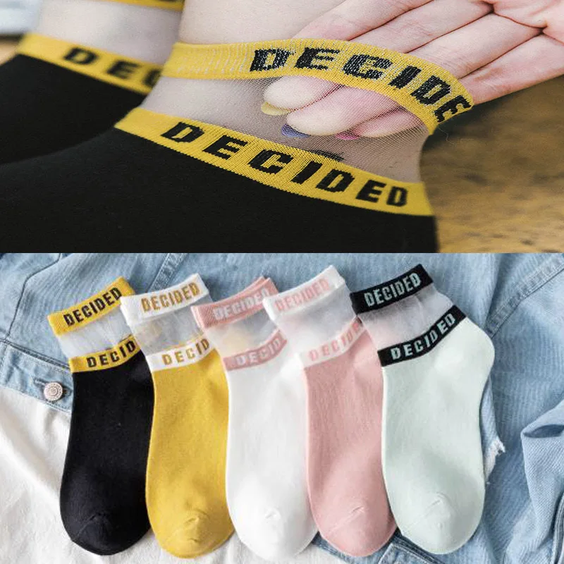 

Summer Transparent Letter Patterned Socks Women Hollow Out Cotton Short Socks Thin Casual Ankle Socks Female Comfort Sox