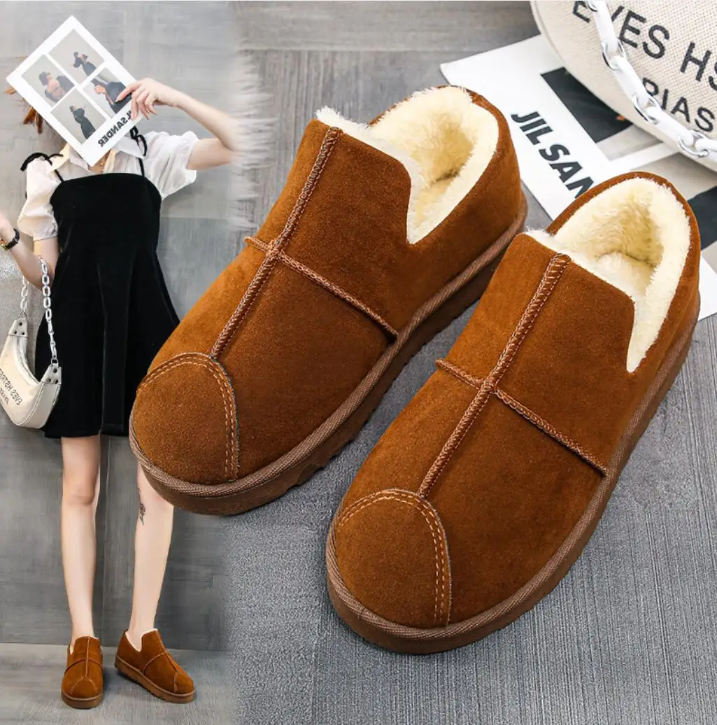 2024 Fur Warm Loafers Winter Women Cotton Shoes Woman Flats Plush Ladies Boots Casual Slip-on Snow Shoes Zapatos De Mujer