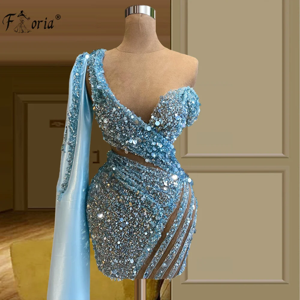 Trendy Sky Blue One Shoulder Tulle Cocktail Dress Sexy See Thru Beading Sequins Homecoming Dresses Luxury Crystals Prom Gowns