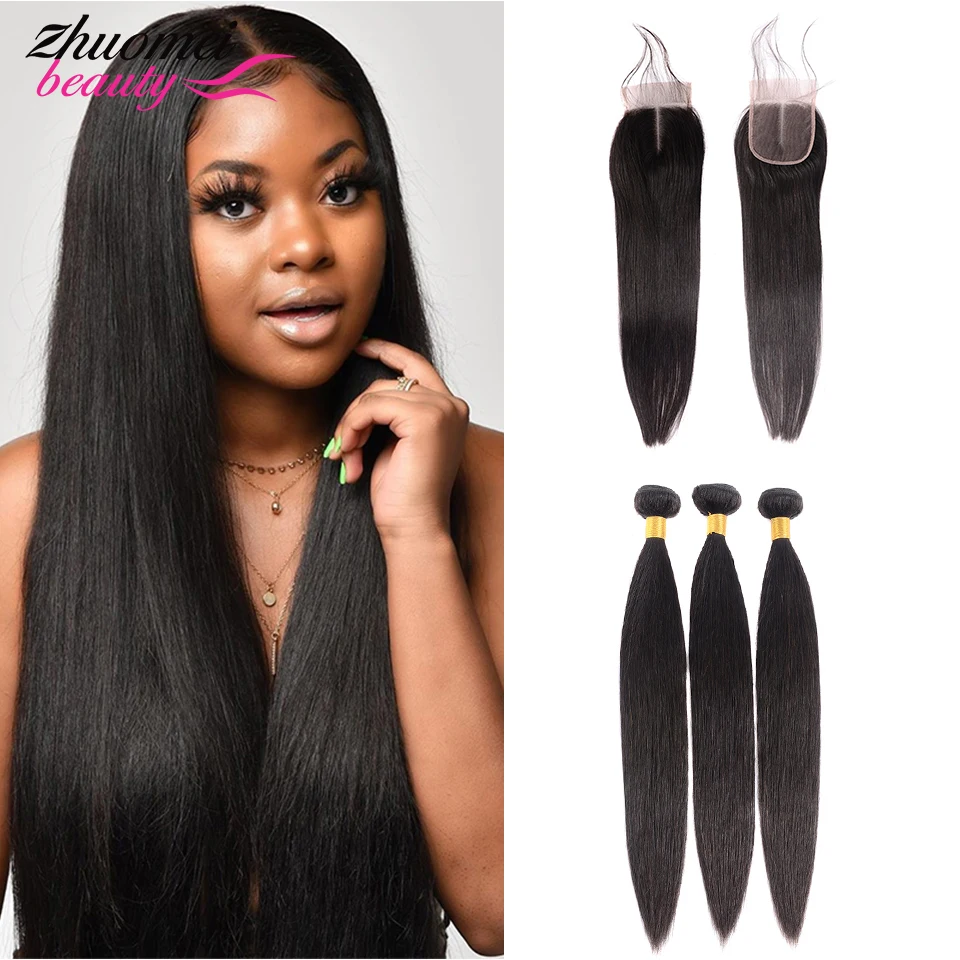 

Bone Straight Hair Bundles With Closure Peruvian Hair Bundles With Closure 3/4 Bundles 30 32 40" Human Hair Bundles With Closure