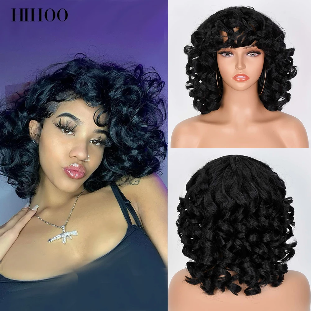 Short Hair Afro Kinky Curly Wigs With Bangs For Black Women Synthetic African Cosplay Natural Blonde Red White Pink Wig