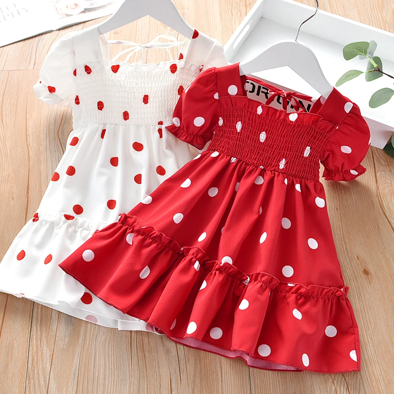 Kids Girls Sweet Princess Dress Summer Polka Dot Sundress French Stylish A-Line Dress for Holiday Travel Party Birthday Gift