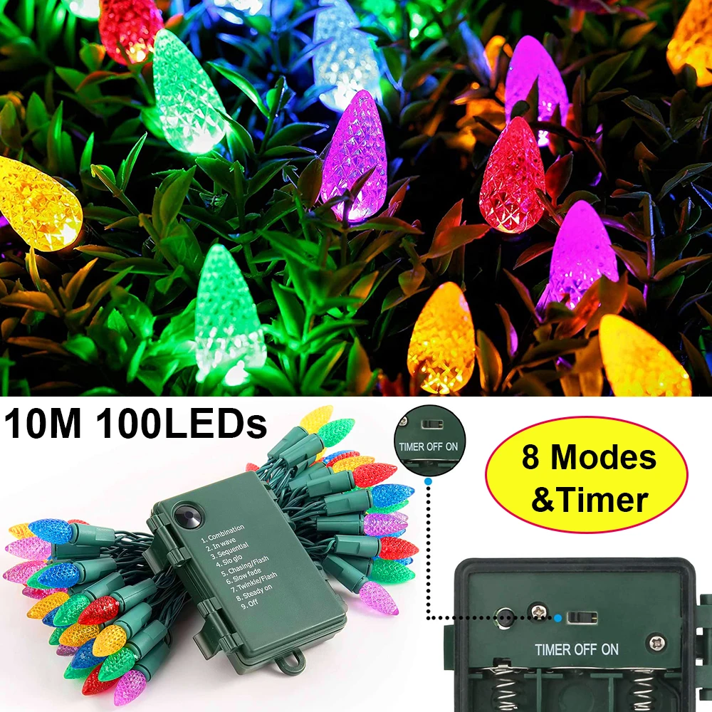 IP65 Kerstverlichting Batterij Power C6 Aardbei String Lights 10M Kerstverlichting Garland Tuindecoratie Boom Twinkle Verlichting