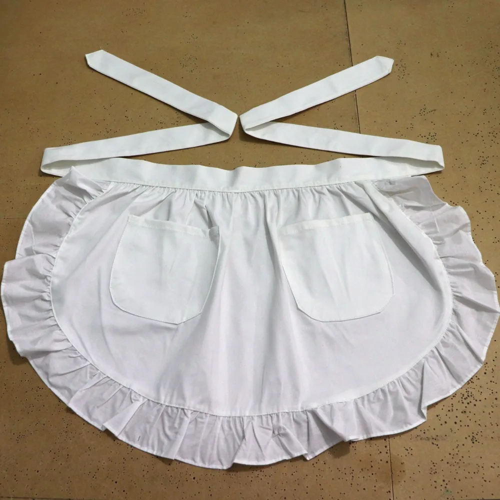 White Half Waist Bistro Restaurant Cotton Ruffle Apron Women Kitchen Cooking Avental de Cozinha Apron with Pockets BA013