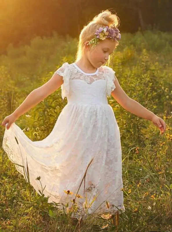 Vestidos flores personalizados para meninas, vestidos de renda cheios com babado, sem mangas, com gola arredondada e laço aberto