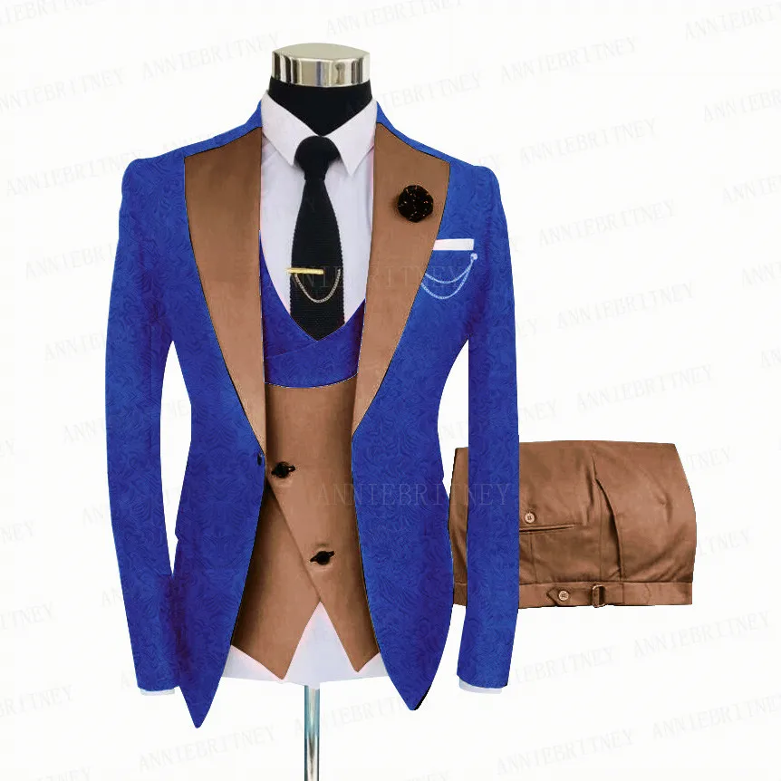 Royal Blue Men Suit 3 Pieces Tailored Best Man Groom Wedding Tuxedo Slim Fit Jacquard Blazer Suit Jacket Yellow Vest Pants Set