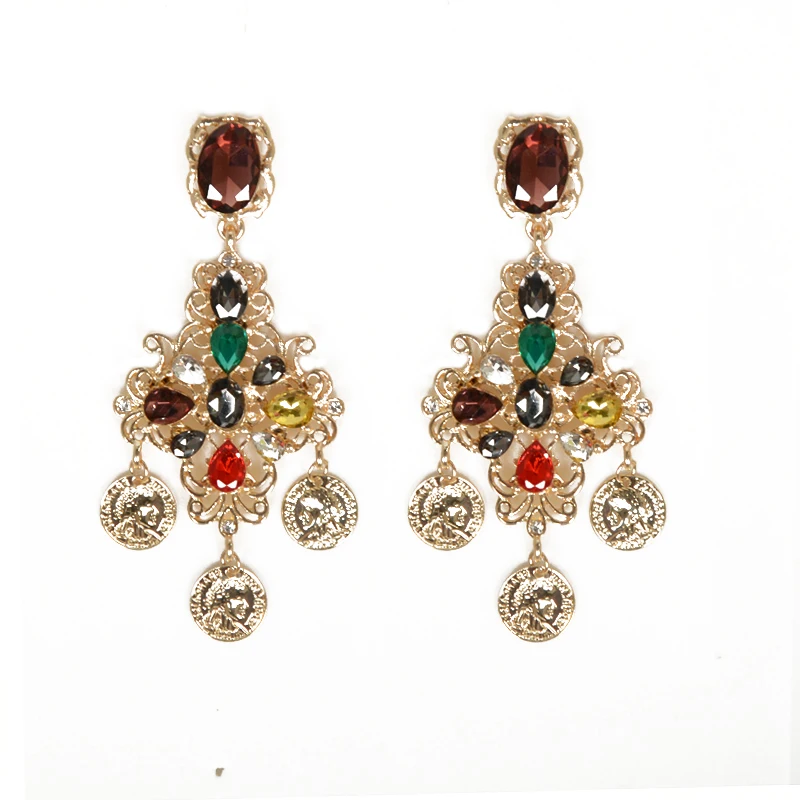 בציר מגולף מטבעות זרוק צבעוני קריסטל הבארוק פרחוני עגיל זהב טון פיליגרן פתוח חזרה רוח סגנון הצהרת עגיל