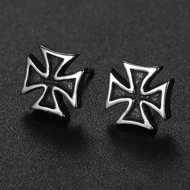 Drop Shipping Punk 316L Stainless Steel Knights Templar Iron Cross Stud Earrings