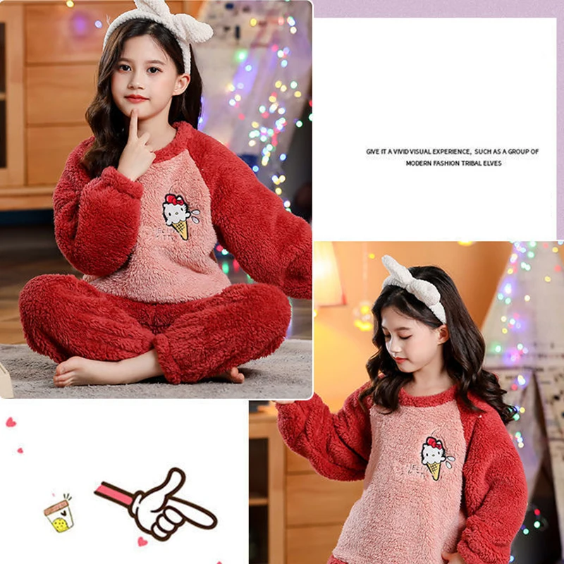 Hello Kitty cartoon autumn and winter children pajamas girls Plush thickened Plush cute baby warm home clothes set