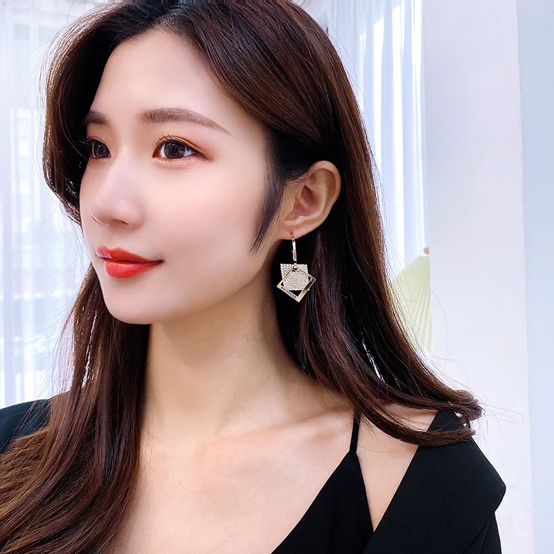 HUAMI Double Layer Square Princess Earrings Korea Fashion Copper Plating Real Gold Earrings Hook Needle Women Jewelry