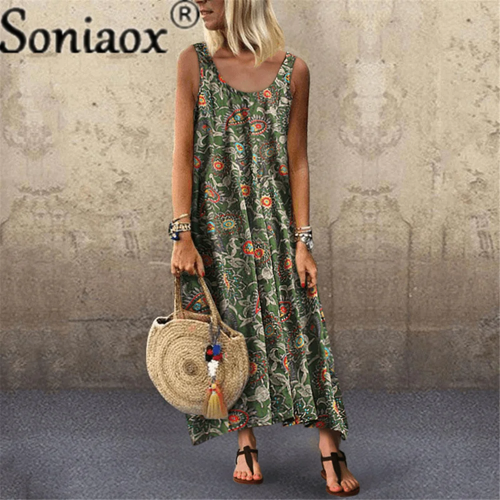 2021 Summer Fashion artystyczny nadruk damska sukienka Casual Loose O Neck średnio wysoka talia bez rękawów Ladies Beach długie sukienki