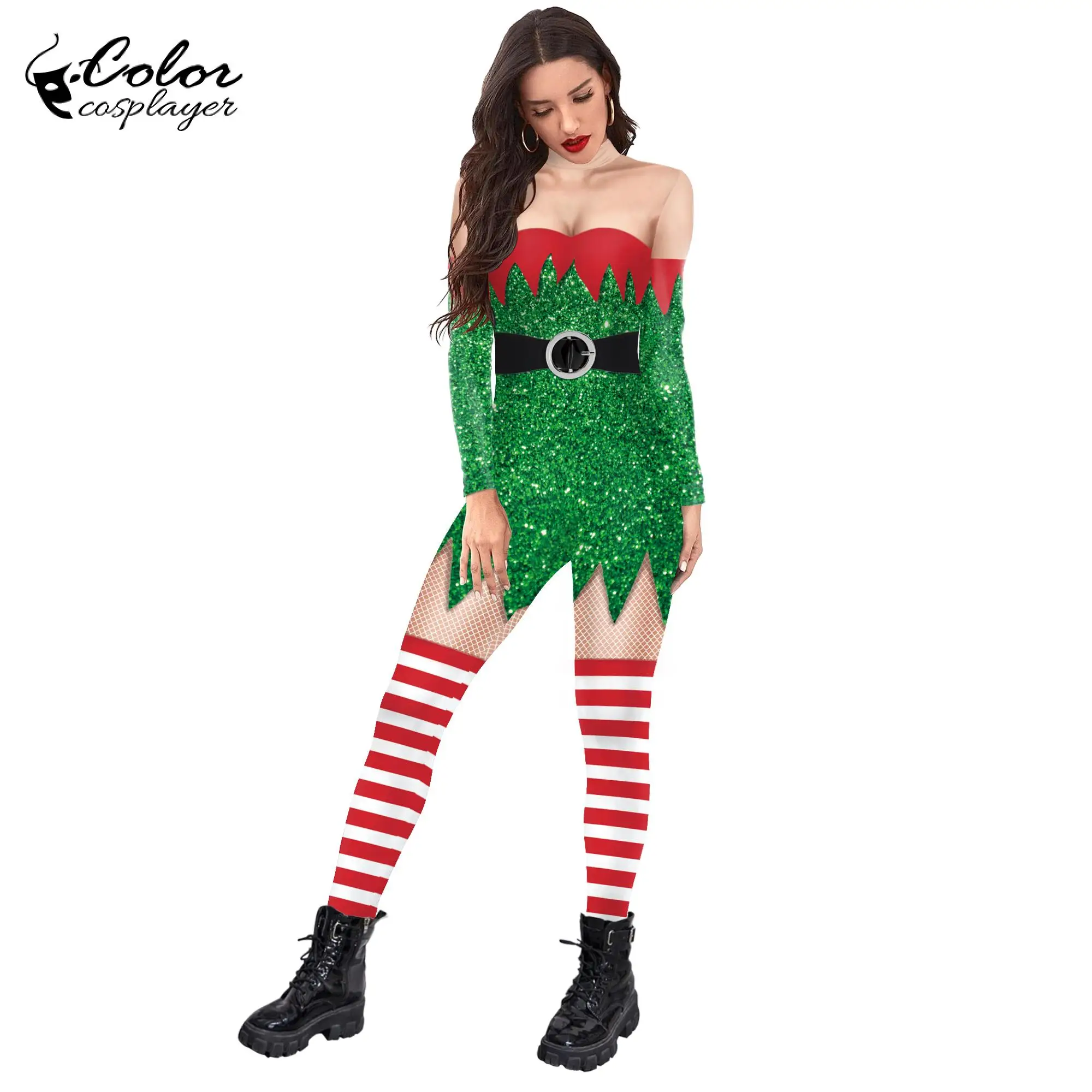 Colore Cosplayer natale tuta Cosplay Costume strisce stampa 3D donne Zentai elastico tuta Sexy manica lunga Catsuits