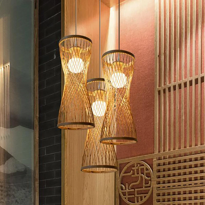 Chinese Style Rattan Woven Hanging Light Hand Knitted Bamboo Lampshade Chandelier Dinning Room Kitchen E27 Pendant ​Light