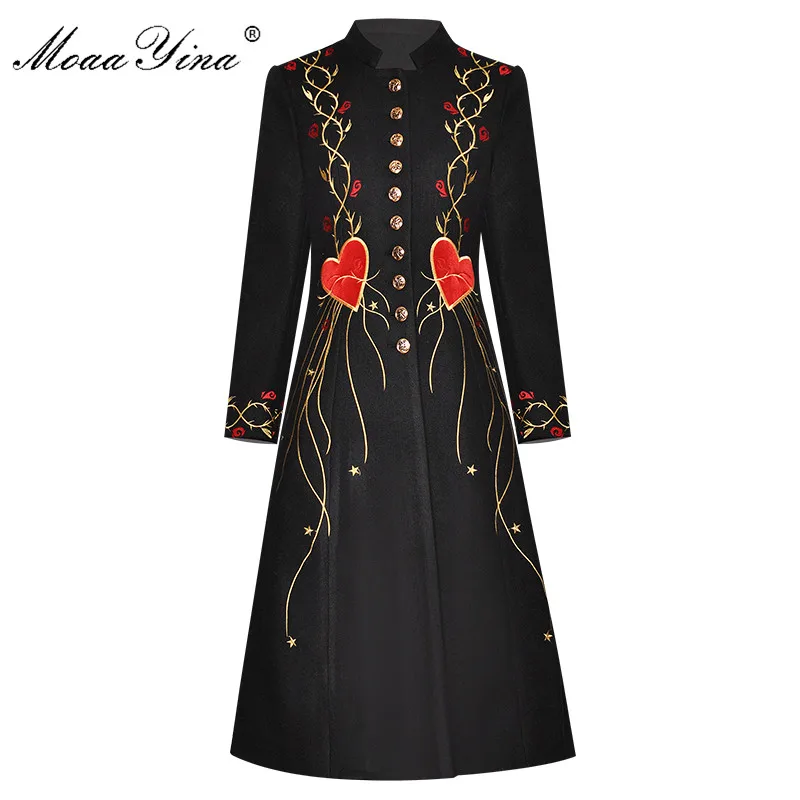 MoaaYina Fashion Designer Woolen coat Winter Women Long sleeve Stand collar Single-breasted Embroidery black Vintage Overcoat