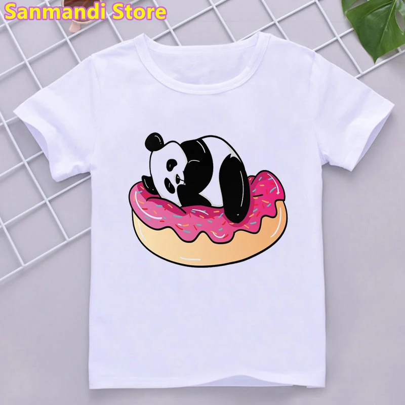 Panda Loves Donuts Animal Print Tshirts Girls/Boys Kawaii Kids Clothes White Pink T Shirt Tops For Girls/Boys Children Clothing