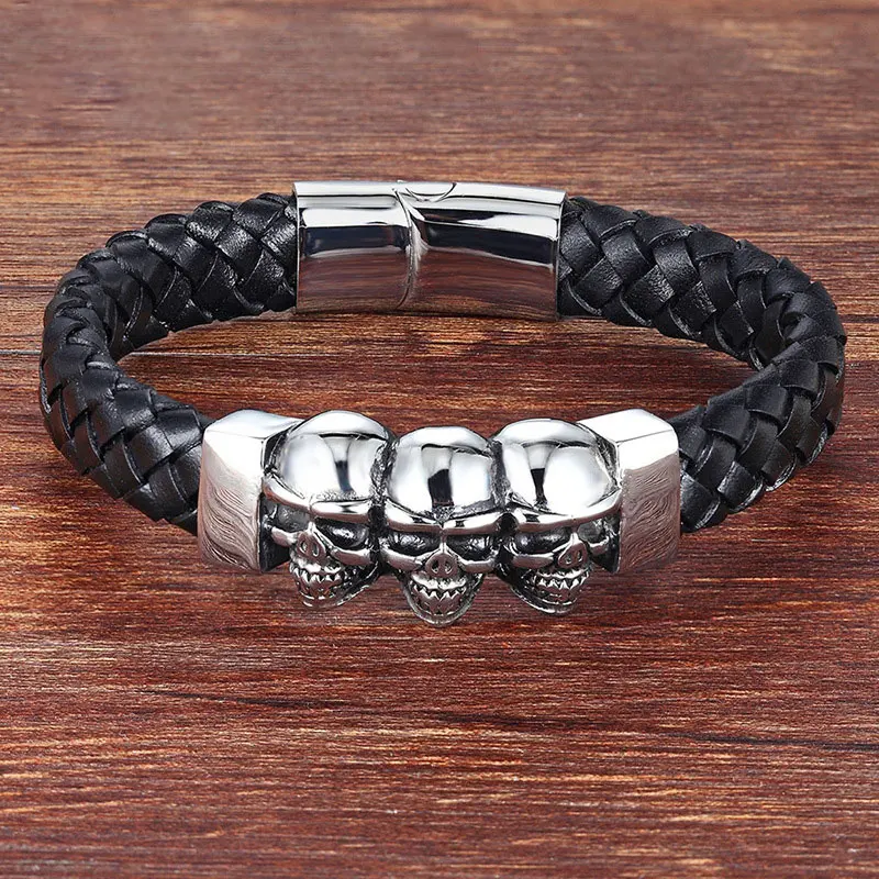 Trend Domineering Gothic Leather Woven Skull Bracelet Men Hip Hop Bracelet Fashion Rock Party Jewelry Gift