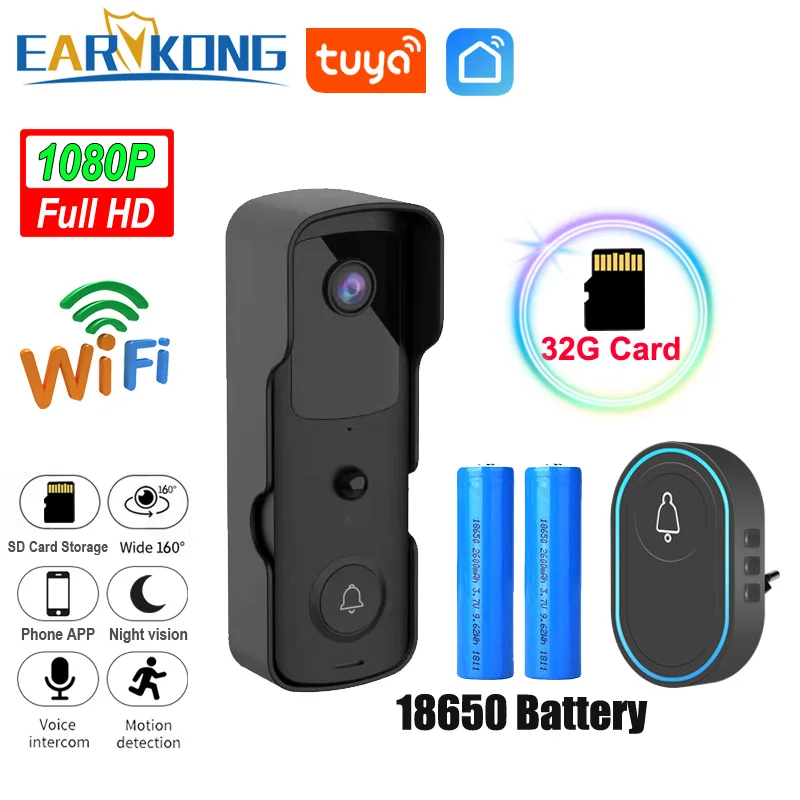 Video Doorbell Camera WiFi TuyaSmart 1080P HD Security Camera APP Intercom Night Vision Rechargeable Battery  Wireless Bell