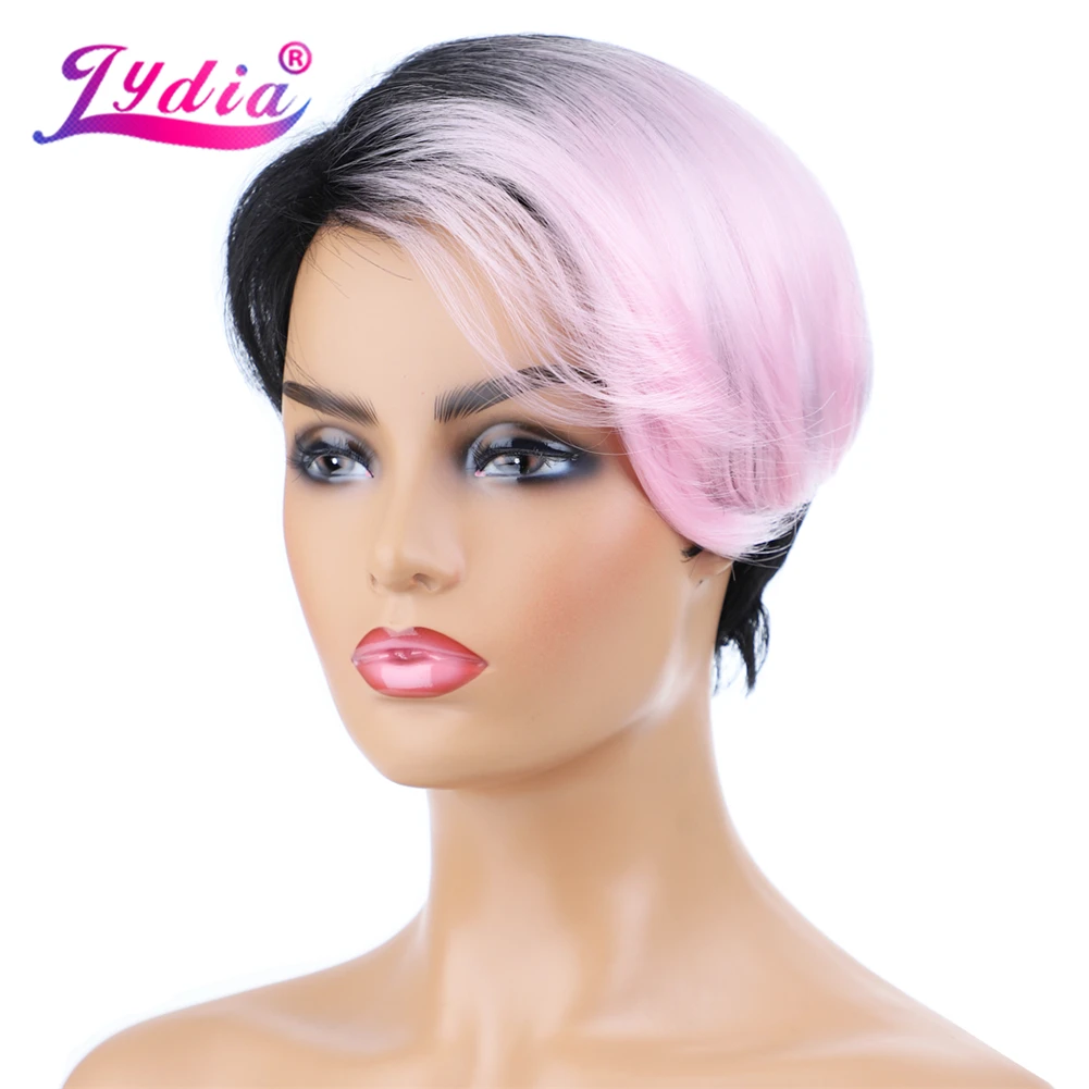 Lydia For Women Short Straight Synthetic Wigs 8 Inch Mixed Color Wig FT1B / Pink  Left-Side Bang African American Wigs