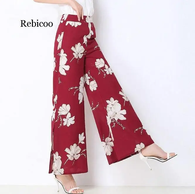 Fashion Women Split Side Buttons Wide Leg Jogger Casual Long Pants Summer Loose Striped High Waist Trousers