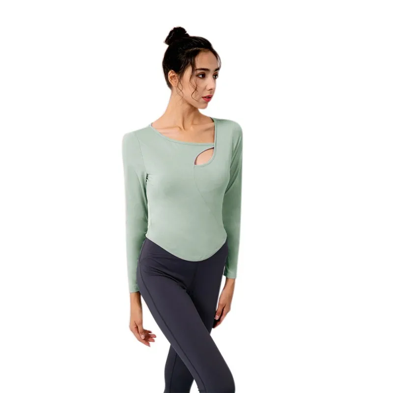 Women's Sexy Hollowout Fitness Long Sleeves With Chest Pad Tops  Tight Elastic Running Sports Solid Color Casual Shirt