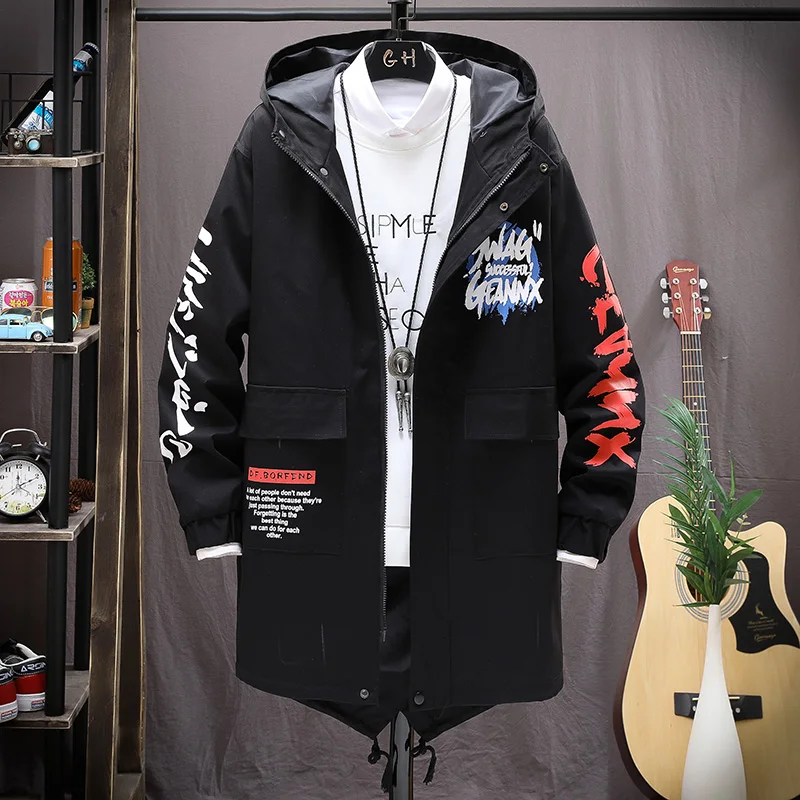 

Pop Korean Men's Windbreaker Jackets Men Long Trench Coat Printed Cardigan Casual Hooded Coats Male M-3XL