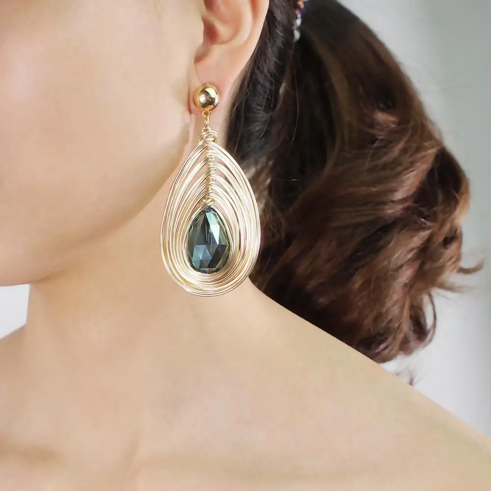 MANILAI Handmade Big Crystal Dangle Earrings For Women Fashion Gold Color Wire Helical Statement Earring Bohemia Jewelry
